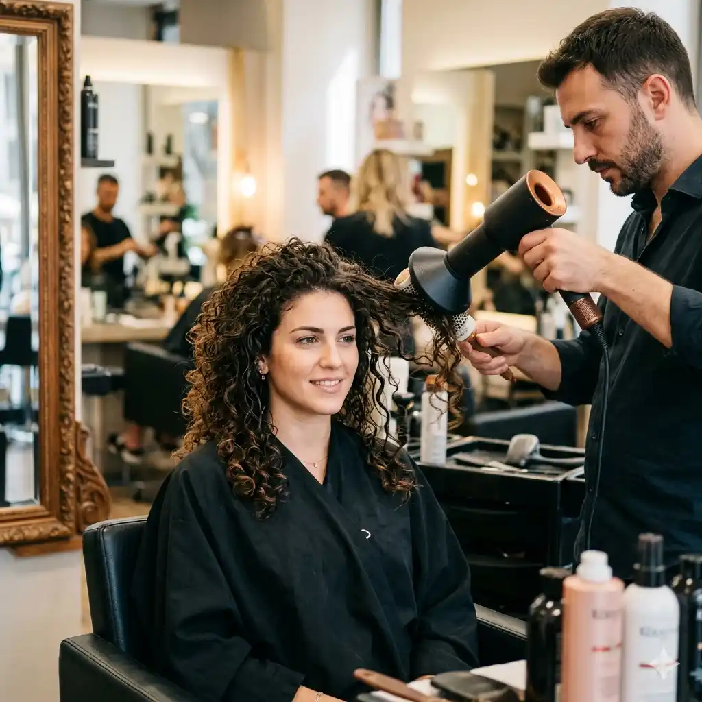 Parrucchiere che asciuga i capelli a una cliente