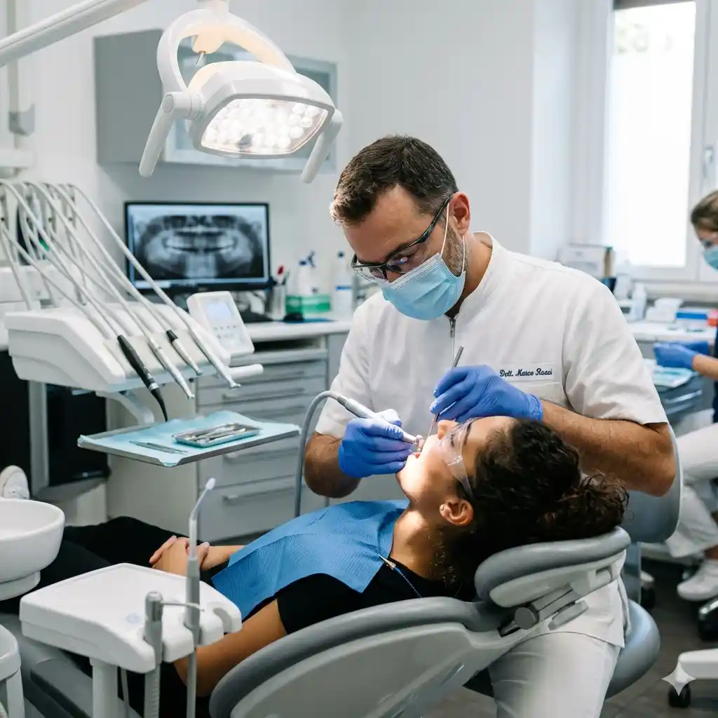 Dentista che visita una paziente in studio