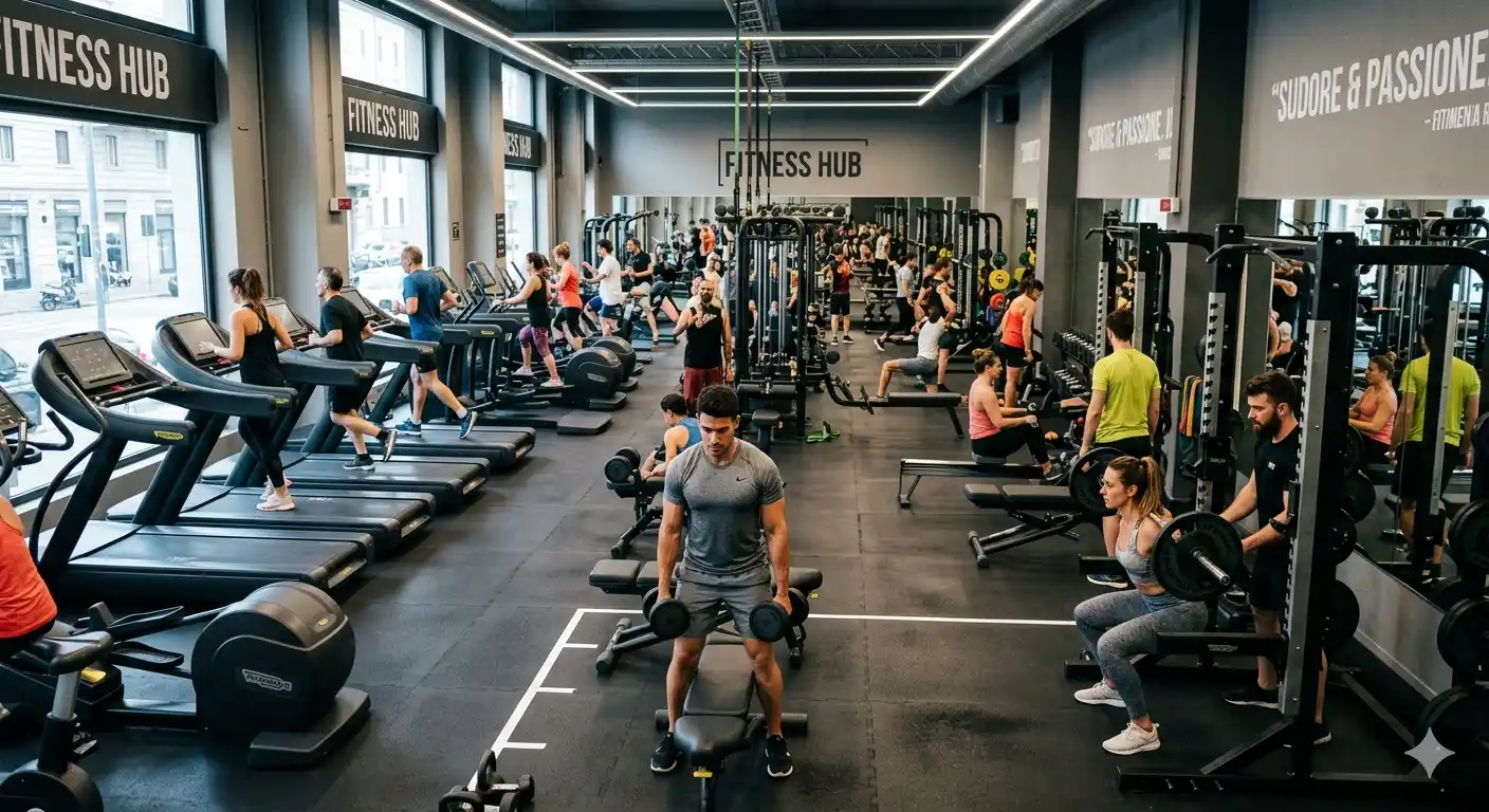 Palestra affollata con attrezzature fitness