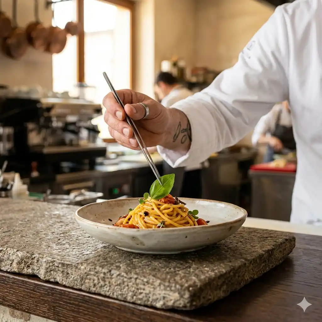 Chef che impiatta pasta in cucina professionale